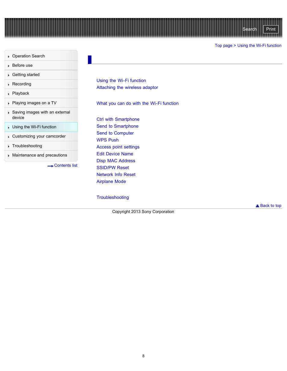 Using the wi-fi function, Available menus with the wireless adaptor attached, Handycam" user guide | Sony HDR-PJ790V User Manual | Page 17 / 287