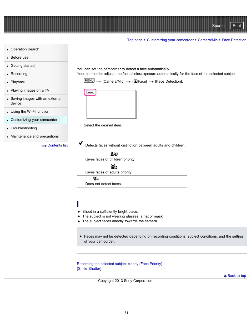 Face detection, Handycam" user guide | Sony HDR-PJ790V User Manual | Page 170 / 287