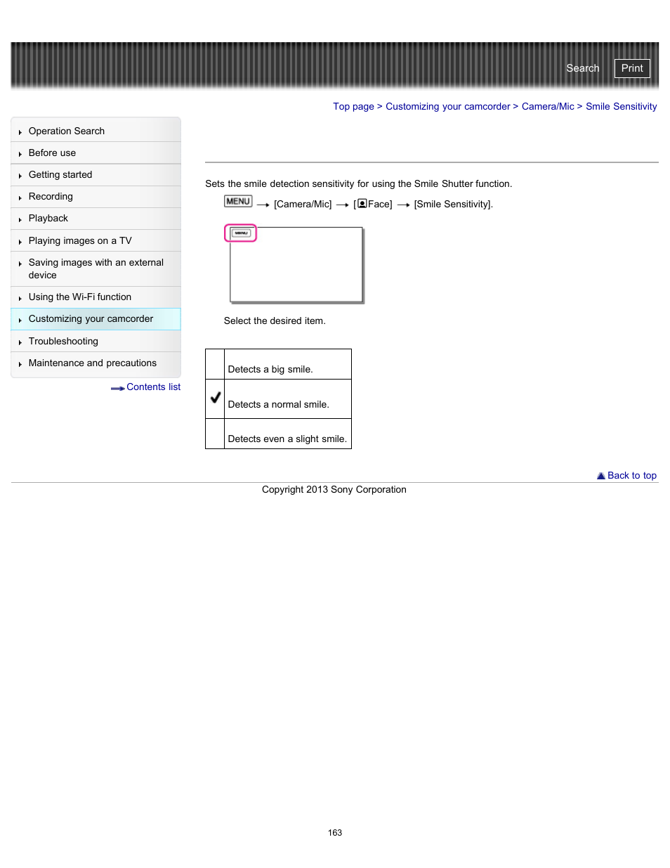 Smile sensitivity, Handycam" user guide | Sony HDR-PJ790V User Manual | Page 172 / 287