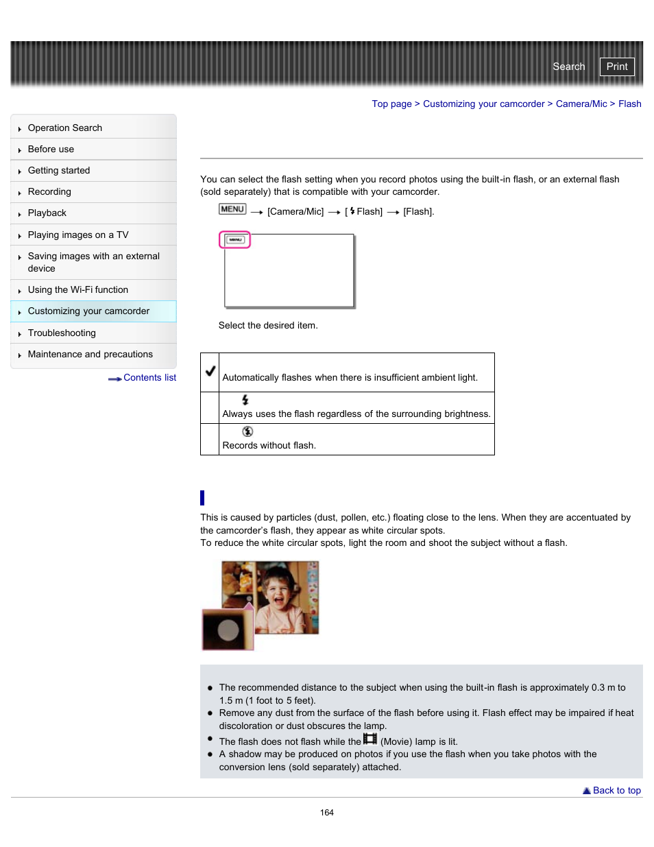 Flash, If white circular spots appear on photos, Handycam" user guide | Sony HDR-PJ790V User Manual | Page 173 / 287