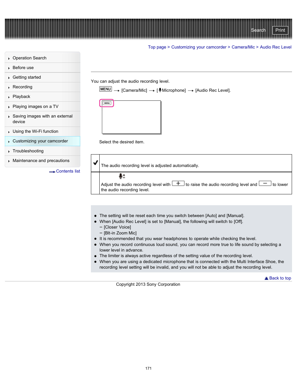 Audio rec level, Handycam" user guide | Sony HDR-PJ790V User Manual | Page 180 / 287