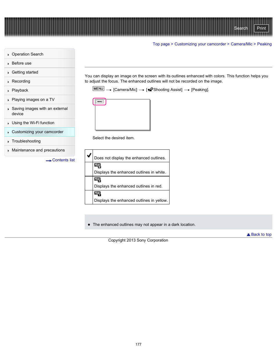 Peaking, Handycam" user guide | Sony HDR-PJ790V User Manual | Page 186 / 287