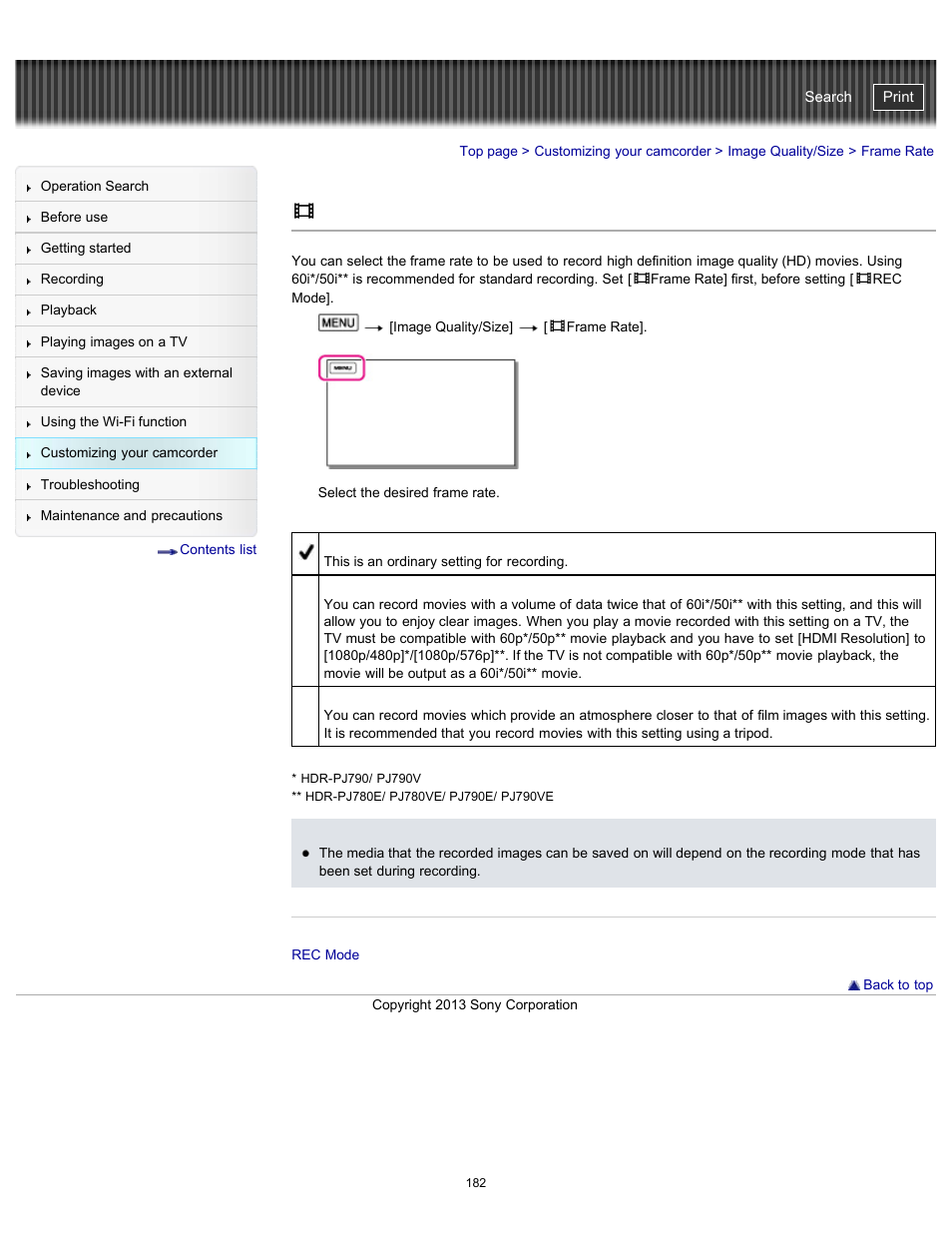 Frame rate, Handycam" user guide | Sony HDR-PJ790V User Manual | Page 191 / 287