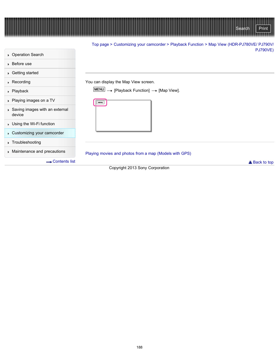 Map view (hdr-pj780ve/ pj790v/ pj790ve), Handycam" user guide | Sony HDR-PJ790V User Manual | Page 197 / 287