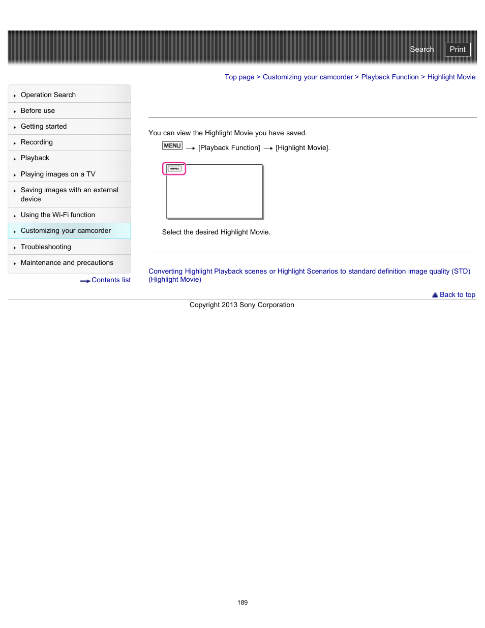 Highlight movie, Handycam" user guide | Sony HDR-PJ790V User Manual | Page 198 / 287