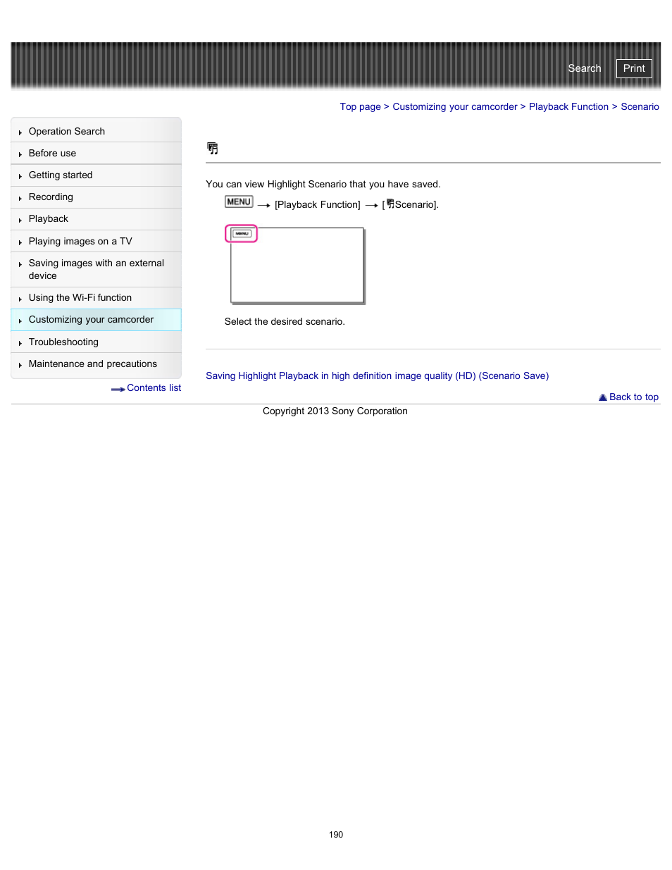 Scenario, Handycam" user guide | Sony HDR-PJ790V User Manual | Page 199 / 287