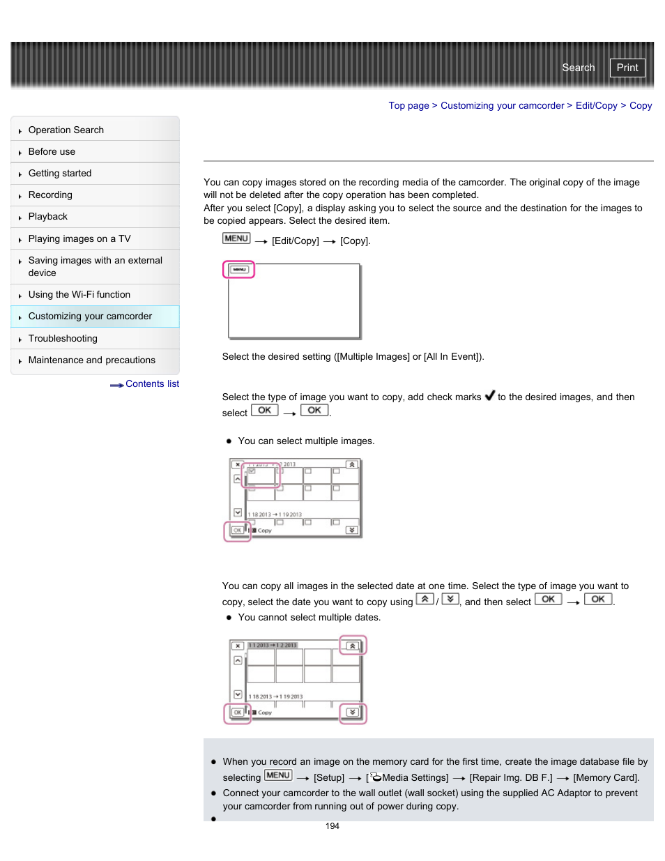 Copy, Handycam" user guide | Sony HDR-PJ790V User Manual | Page 203 / 287