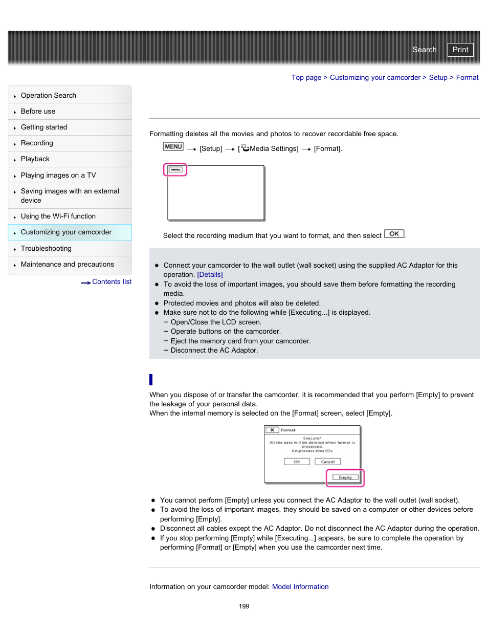 Format, To prevent data on the internal memory from being, Recovered | Details, Handycam" user guide | Sony HDR-PJ790V User Manual | Page 208 / 287