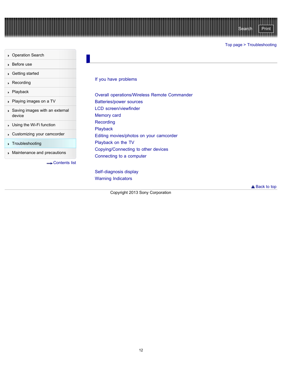 Troubleshooting, Self-diagnosis display/warning indicators, Handycam" user guide | Sony HDR-PJ790V User Manual | Page 21 / 287