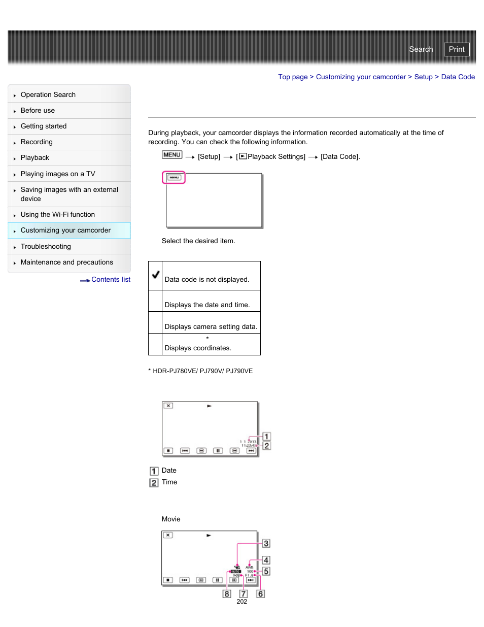 Data code, Handycam" user guide | Sony HDR-PJ790V User Manual | Page 211 / 287