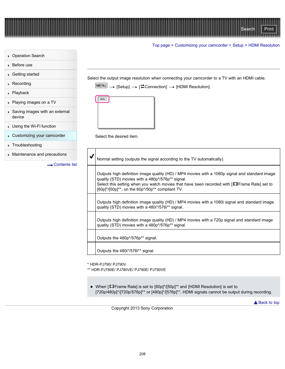 Hdmi resolution, Handycam" user guide | Sony HDR-PJ790V User Manual | Page 217 / 287