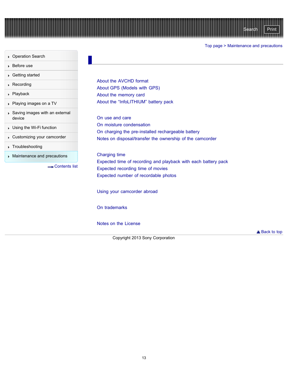 Maintenance and precautions, About handling of your camcorder | Sony HDR-PJ790V User Manual | Page 22 / 287