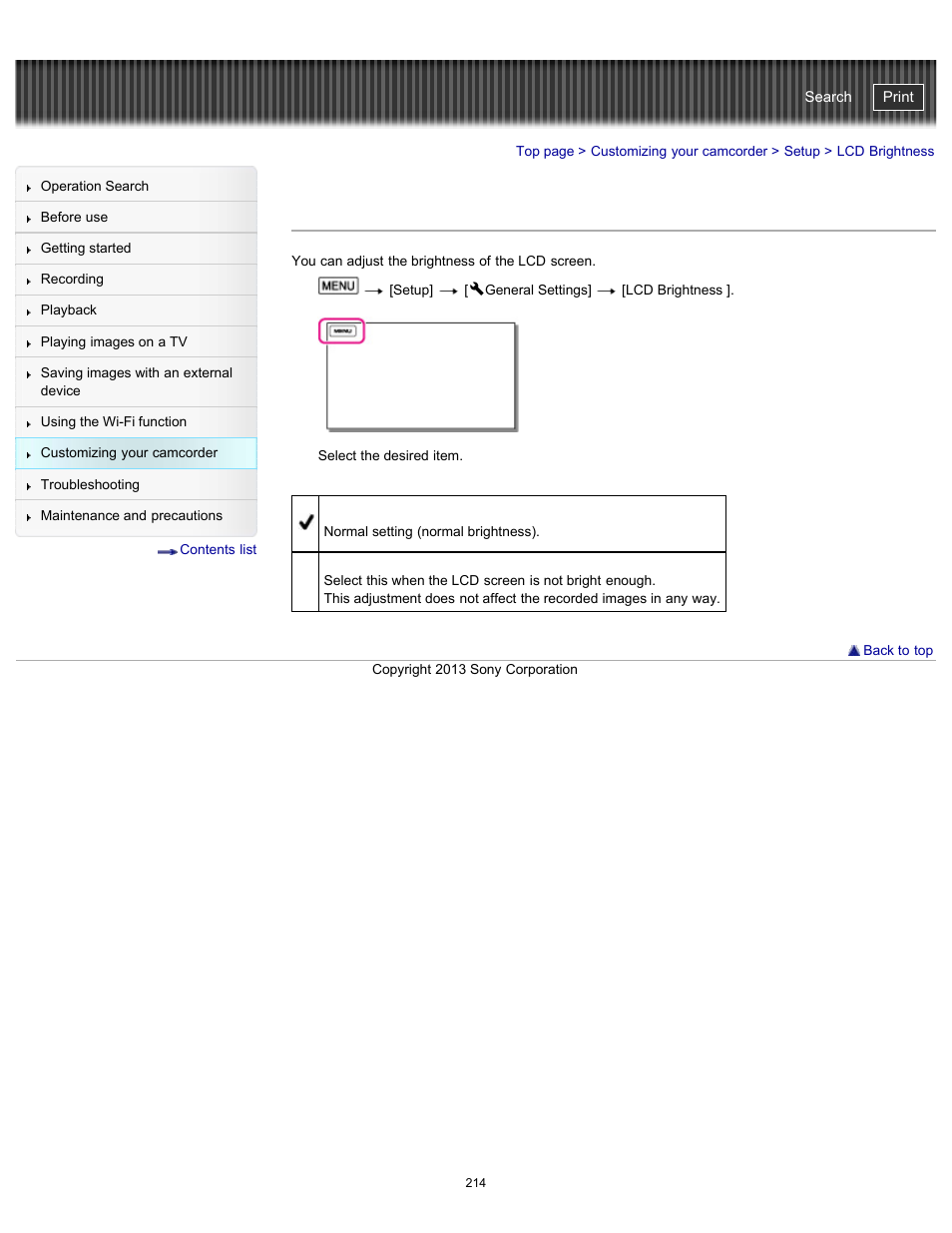 Lcd brightness, Handycam" user guide | Sony HDR-PJ790V User Manual | Page 223 / 287