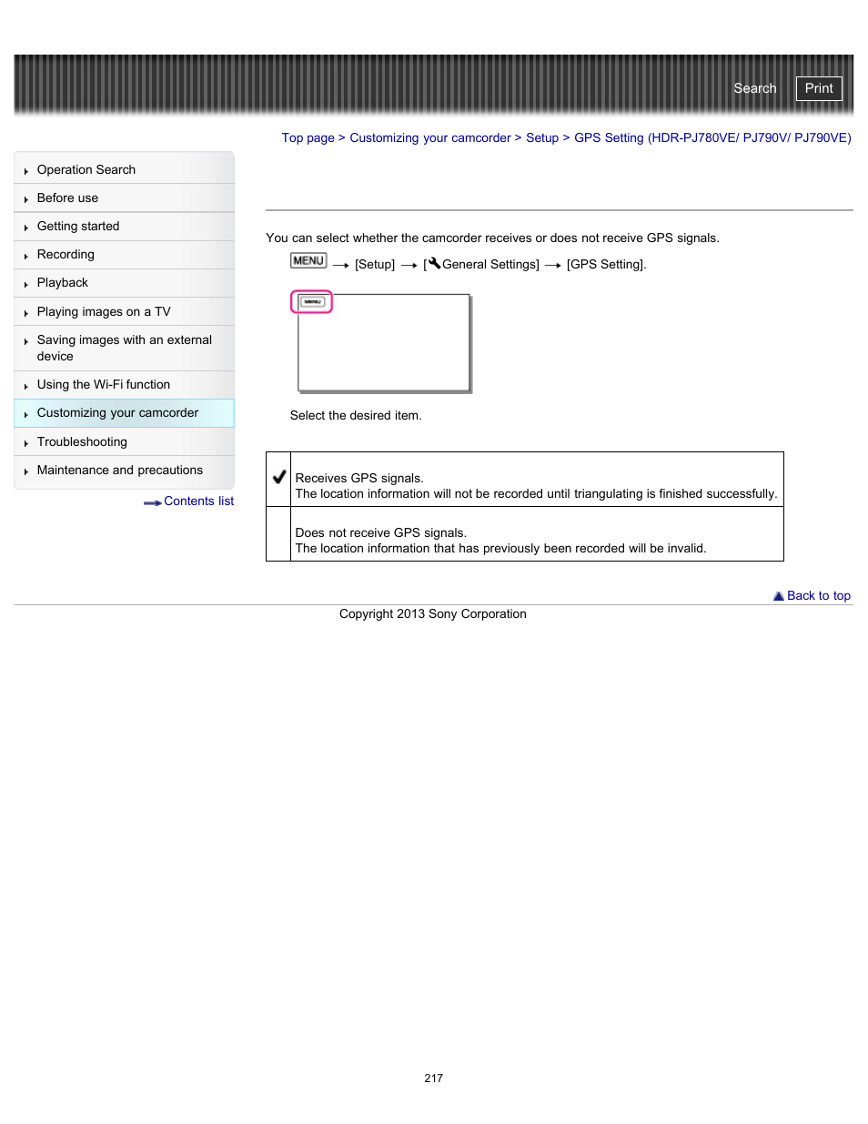 Gps setting, Gps setting (hdr-pj780ve/ pj790v/ pj790ve), Handycam" user guide | Sony HDR-PJ790V User Manual | Page 226 / 287