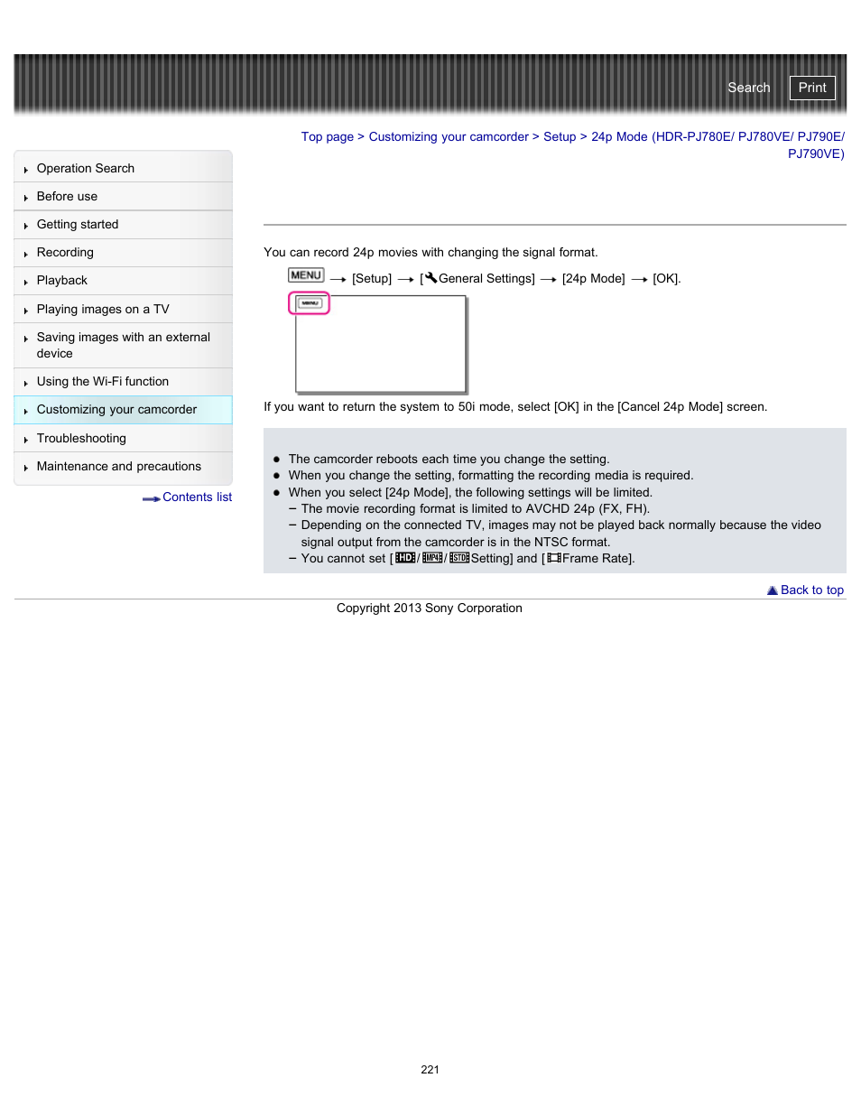 24p mode, 24p mode (hdr-pj780e/ pj780ve/ pj790e/ pj790ve), Handycam" user guide | Sony HDR-PJ790V User Manual | Page 230 / 287