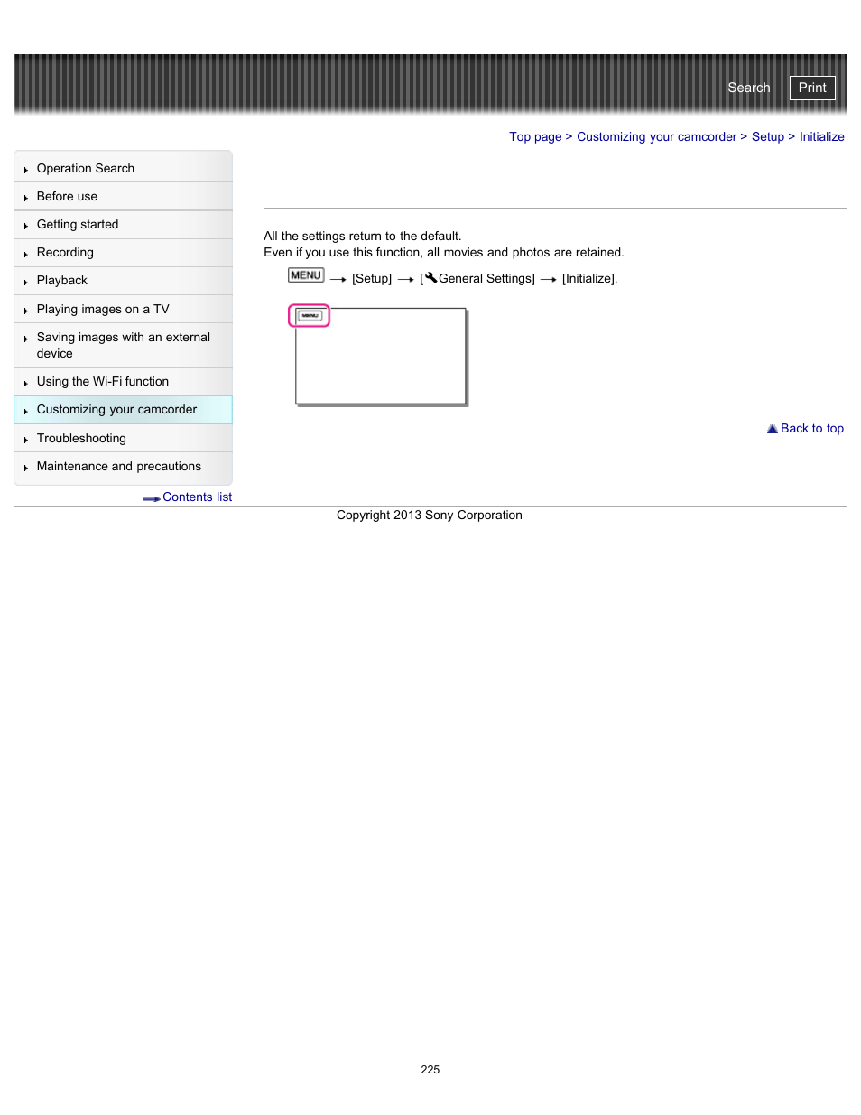 Initialize, Handycam" user guide | Sony HDR-PJ790V User Manual | Page 234 / 287