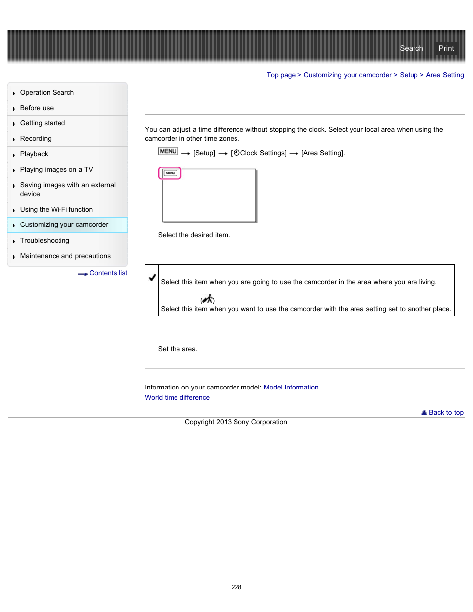 Area setting, Handycam" user guide | Sony HDR-PJ790V User Manual | Page 237 / 287