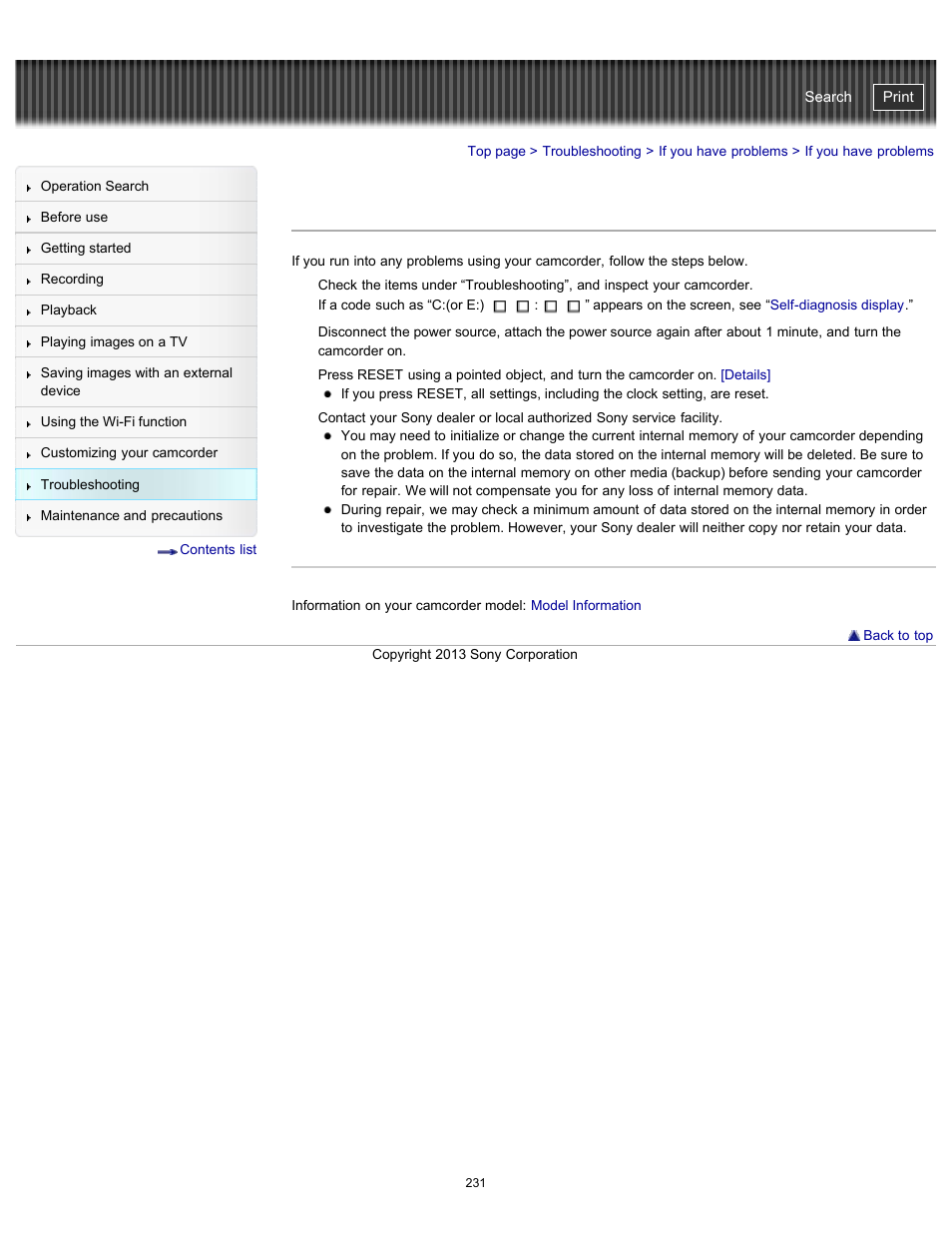 If you have problems, Handycam" user guide | Sony HDR-PJ790V User Manual | Page 240 / 287