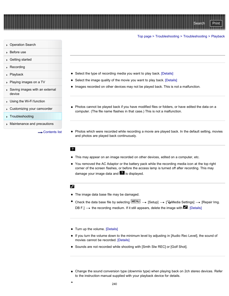 Playback, Handycam" user guide | Sony HDR-PJ790V User Manual | Page 249 / 287