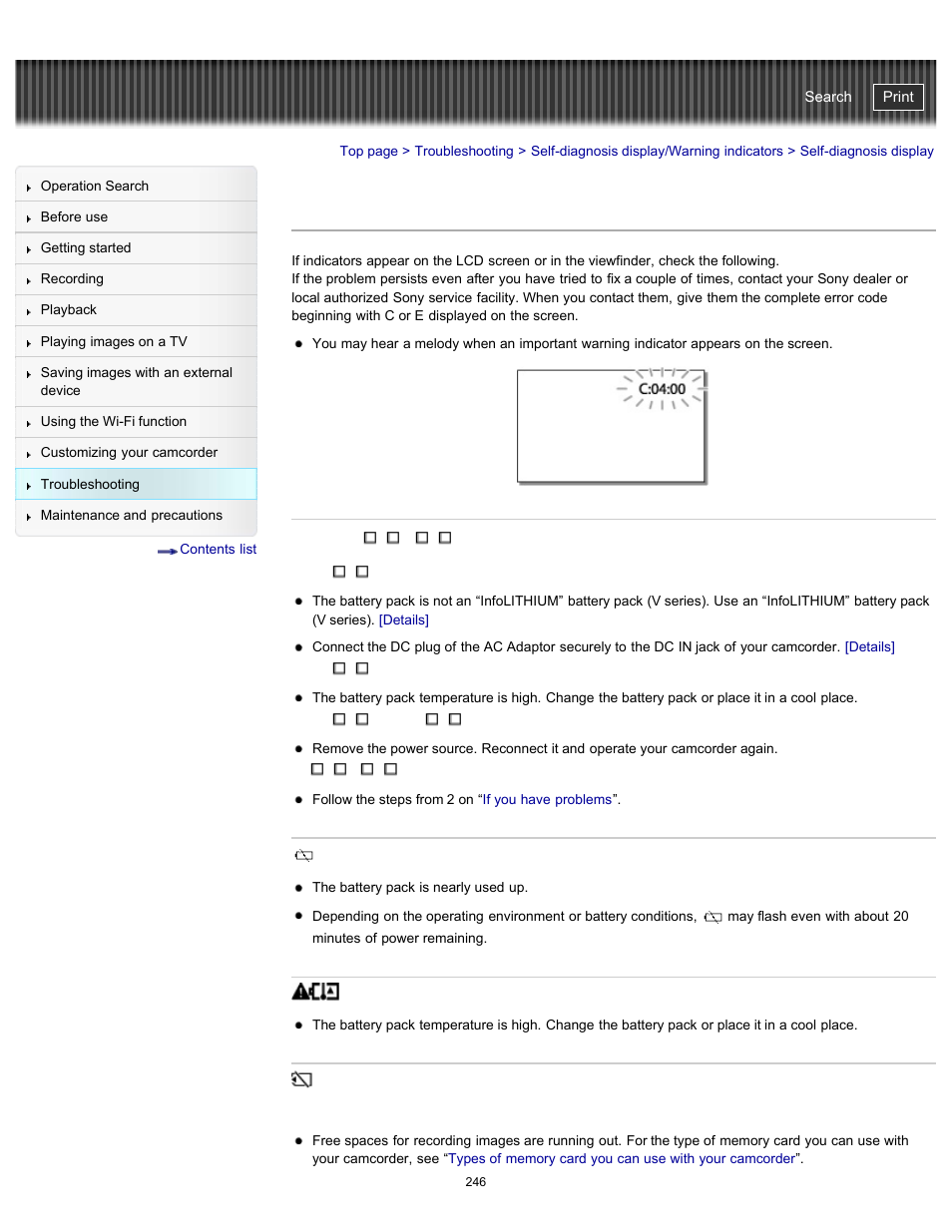 Self-diagnosis display, Handycam" user guide | Sony HDR-PJ790V User Manual | Page 255 / 287