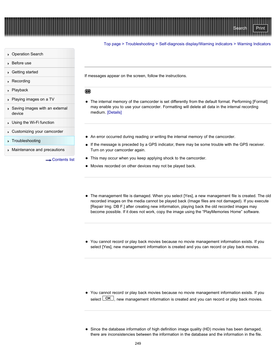 Warning indicators, Handycam" user guide | Sony HDR-PJ790V User Manual | Page 258 / 287