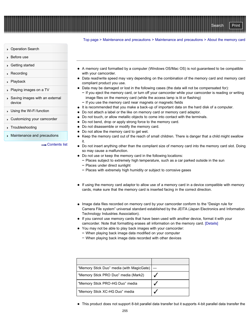 About the memory card, Details, Handycam" user guide | Sony HDR-PJ790V User Manual | Page 264 / 287