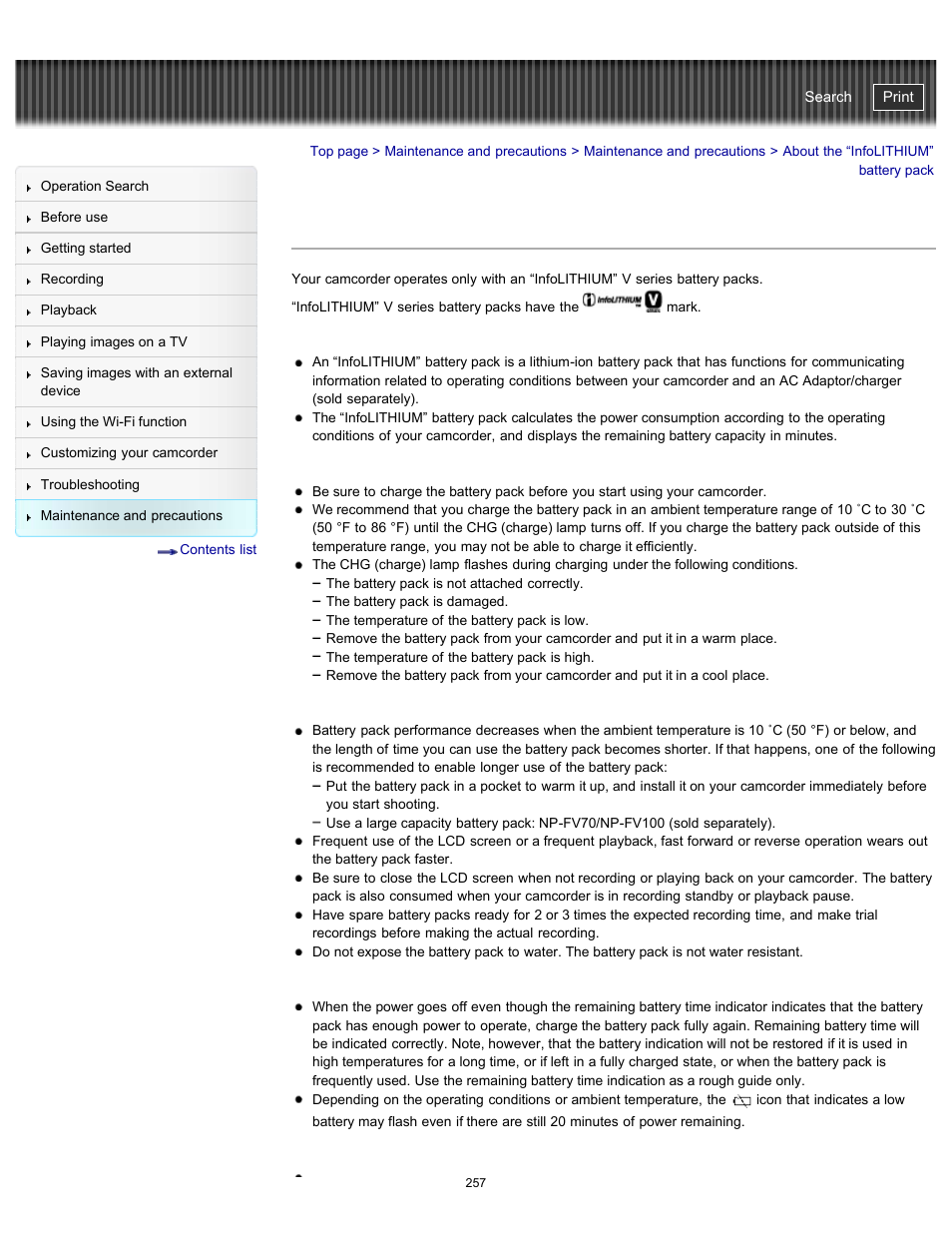 About the “infolithium” battery pack, Details | Sony HDR-PJ790V User Manual | Page 266 / 287