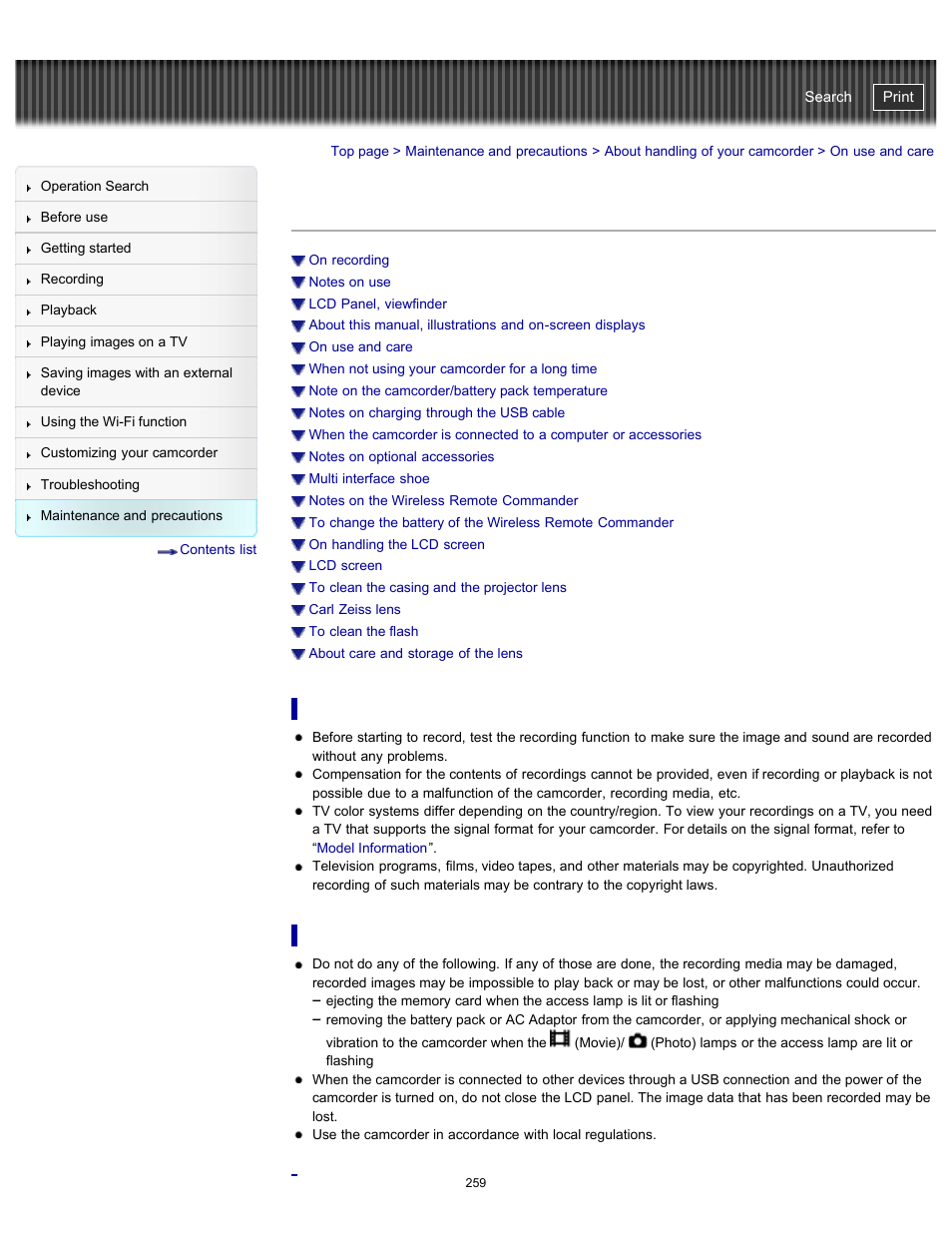 On use and care, Handycam" user guide | Sony HDR-PJ790V User Manual | Page 268 / 287