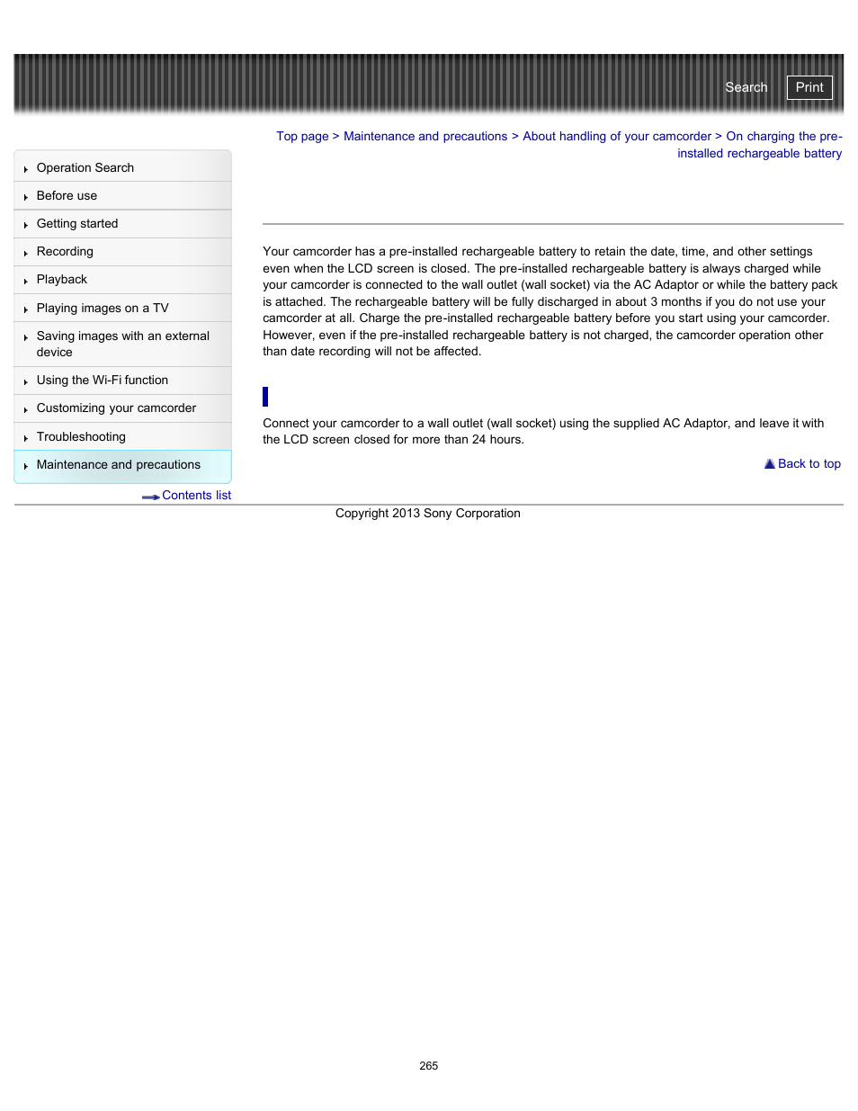 On charging the pre-installed rechargeable battery, Handycam" user guide | Sony HDR-PJ790V User Manual | Page 274 / 287