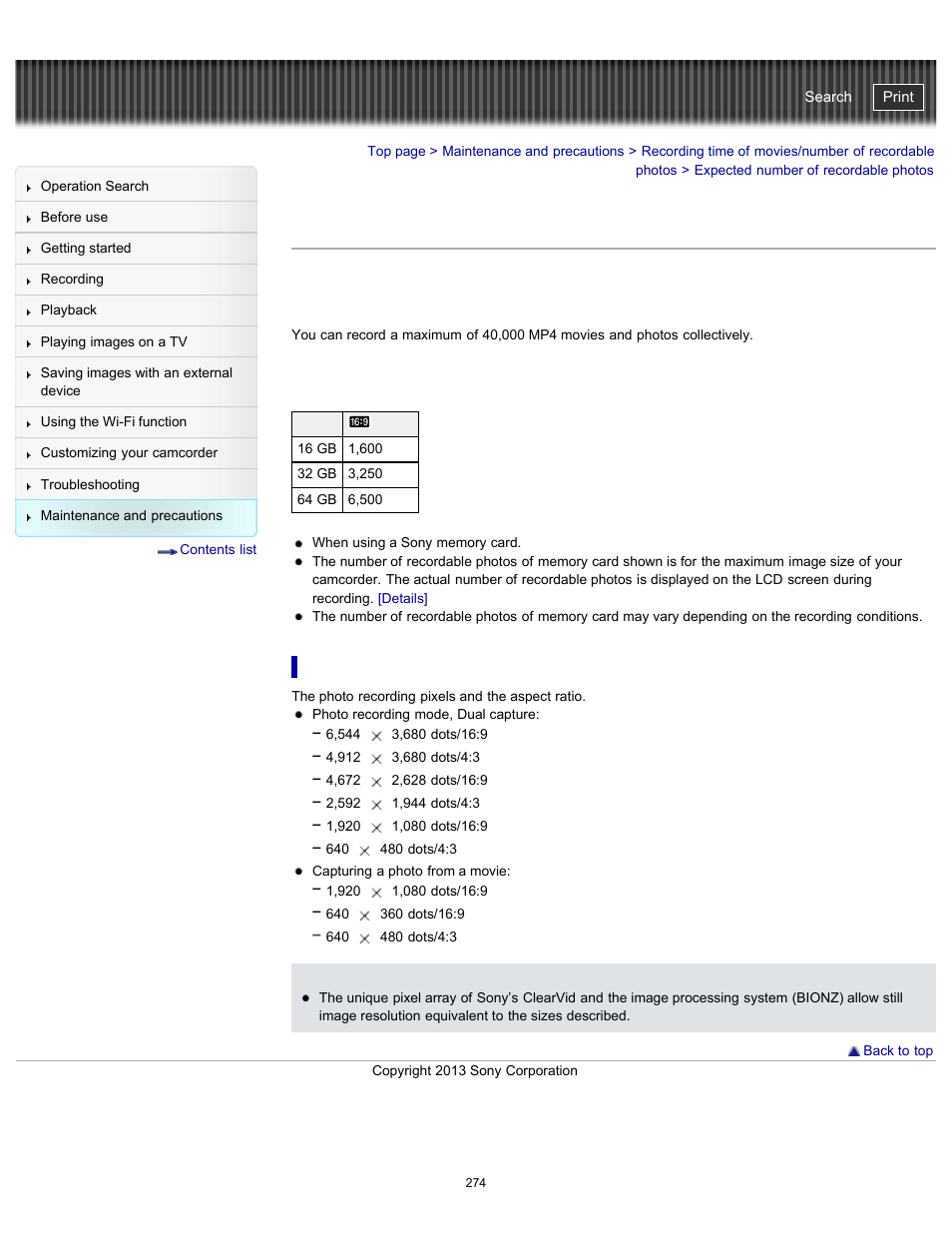 Expected number of recordable photos, Details, Handycam" user guide | Sony HDR-PJ790V User Manual | Page 283 / 287