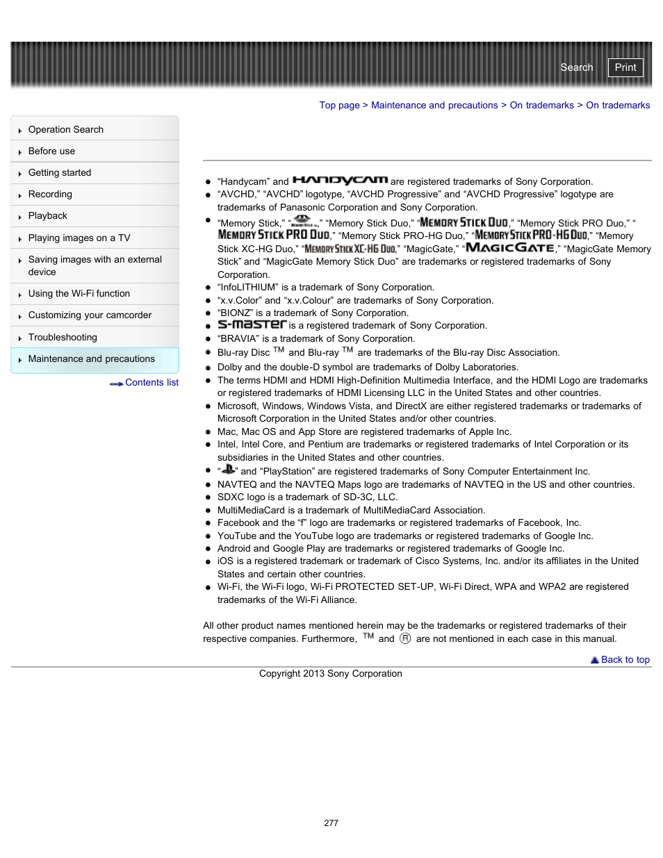 On trademarks, Handycam" user guide | Sony HDR-PJ790V User Manual | Page 286 / 287