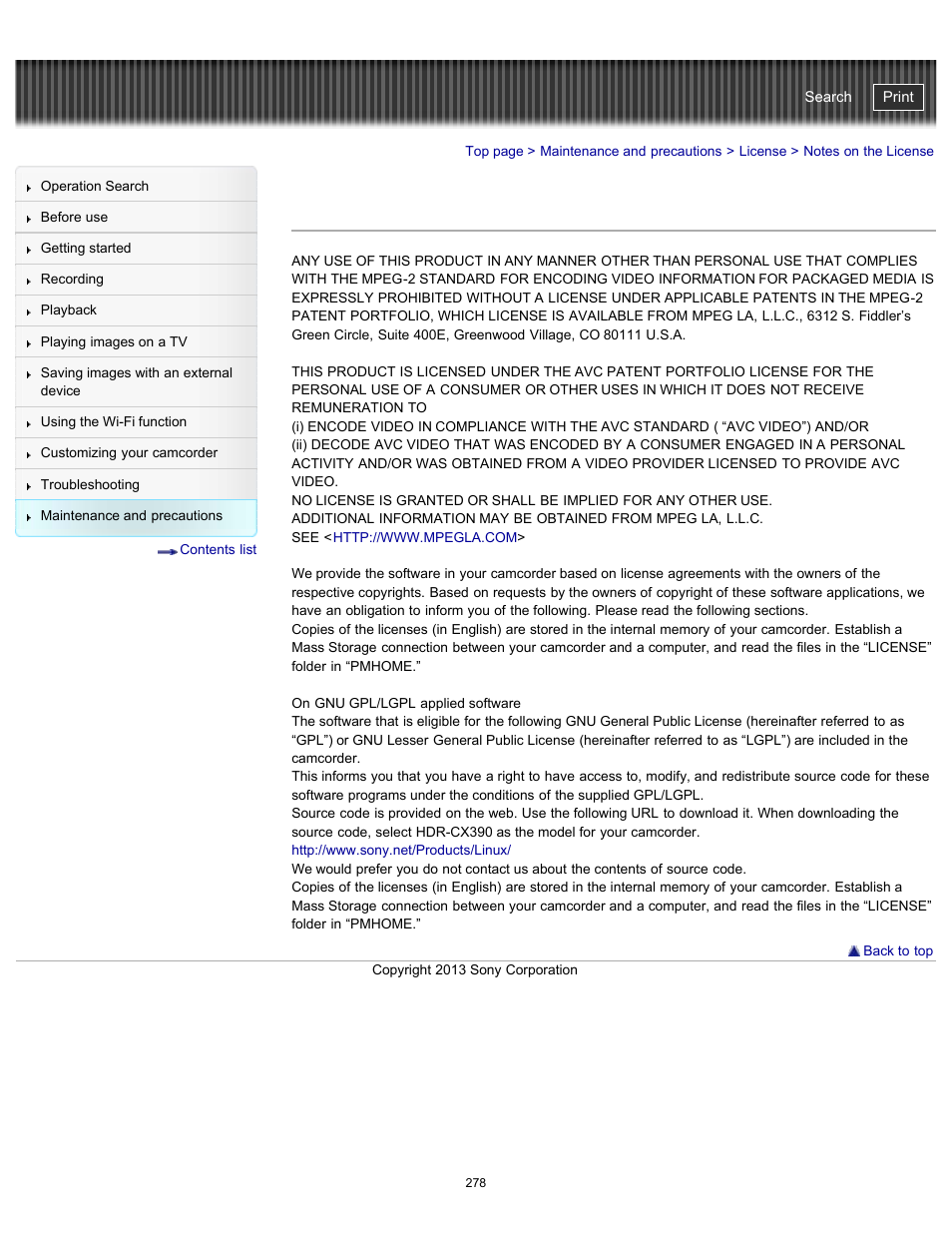 Notes on the license, Handycam" user guide | Sony HDR-PJ790V User Manual | Page 287 / 287