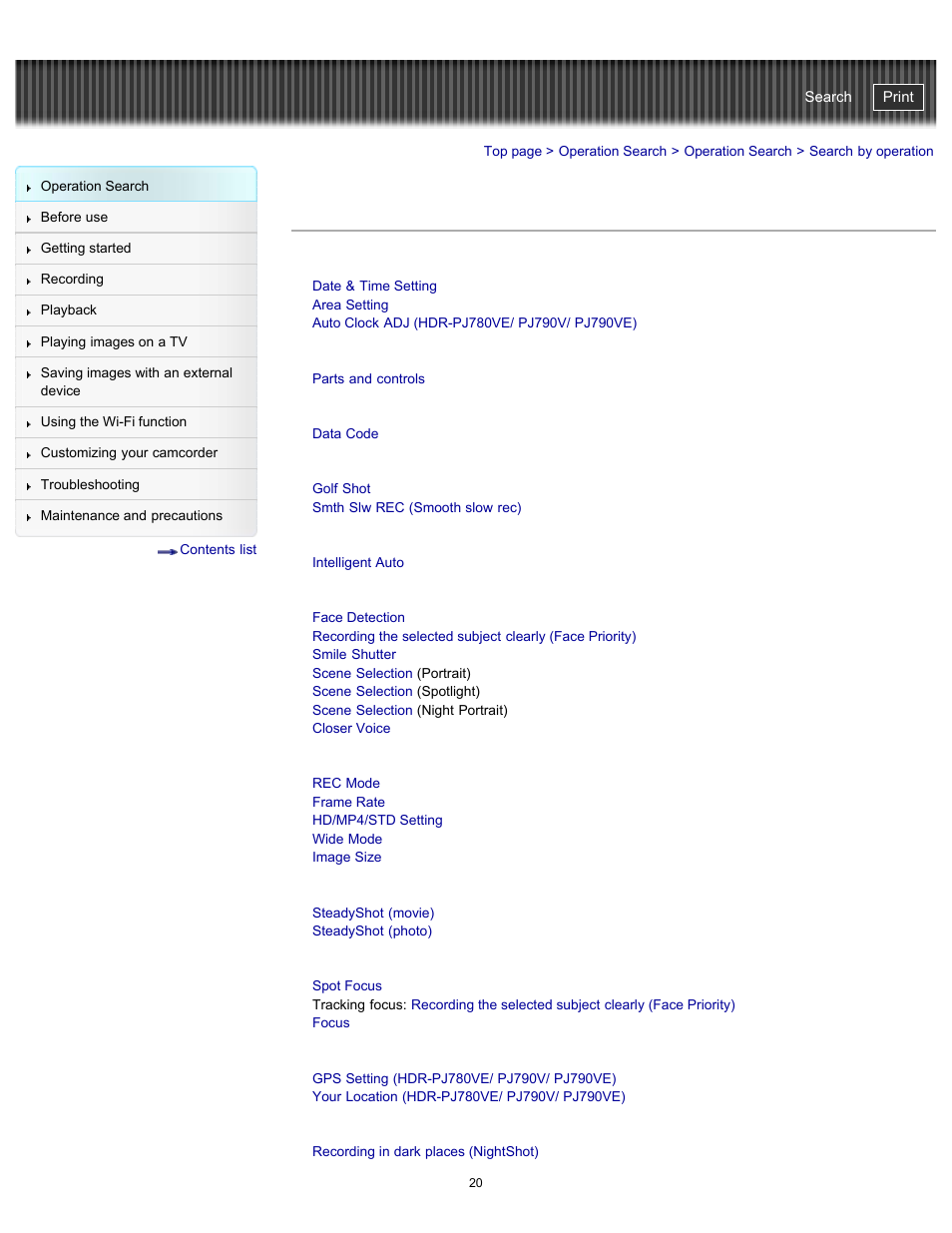 Search by operation | Sony HDR-PJ790V User Manual | Page 29 / 287