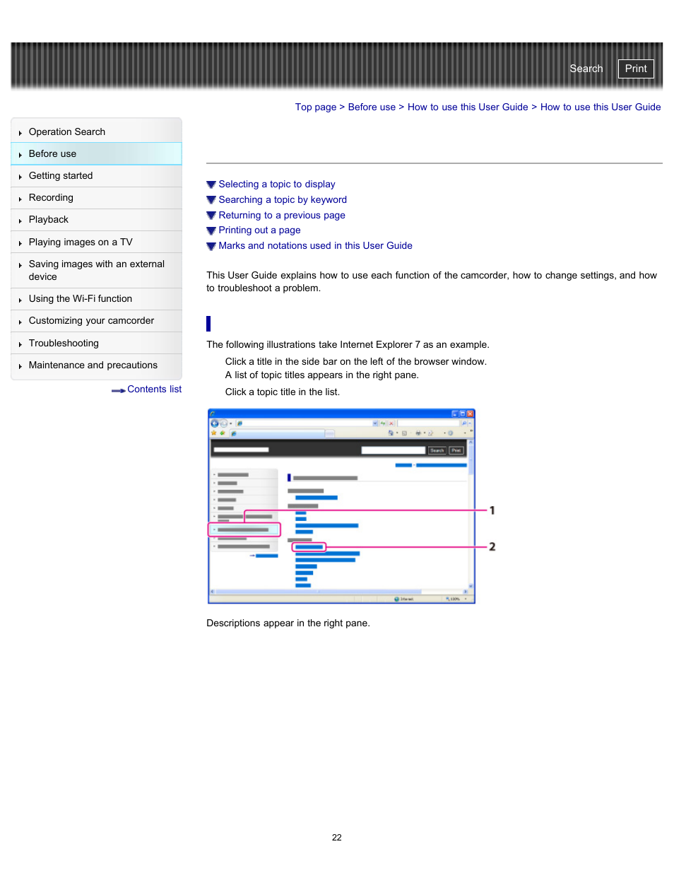 How to use this user guide, Selecting a topic to display, Handycam" user guide | Sony HDR-PJ790V User Manual | Page 31 / 287