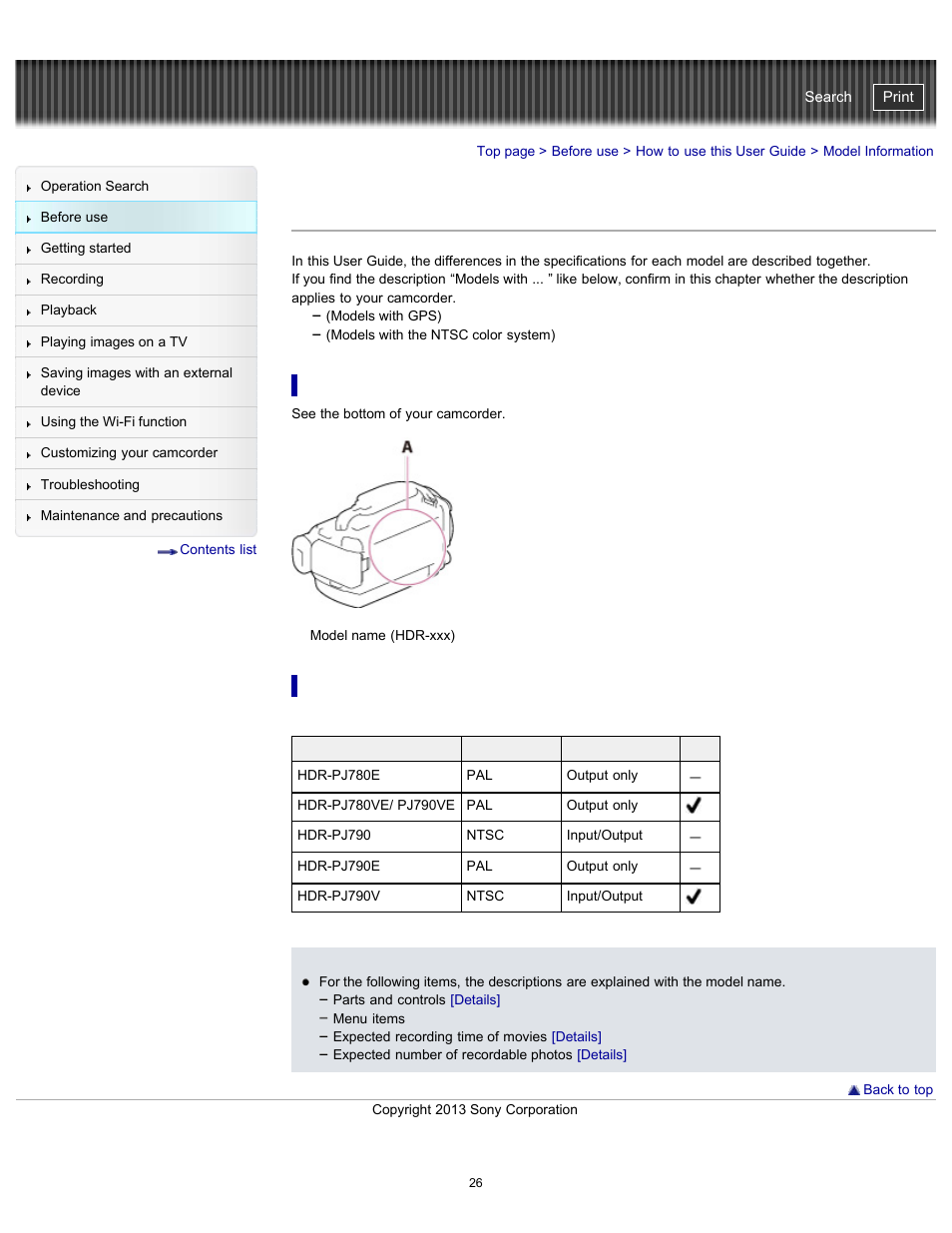 Model information, To confirm the model name of your camcorder, Differences in functions | Handycam" user guide | Sony HDR-PJ790V User Manual | Page 35 / 287