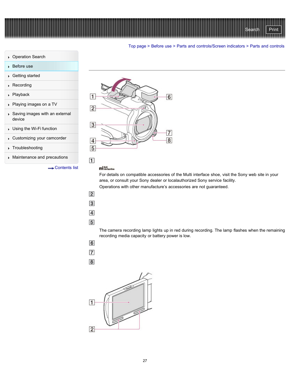 Parts and controls, Details, Handycam" user guide | Sony HDR-PJ790V User Manual | Page 36 / 287