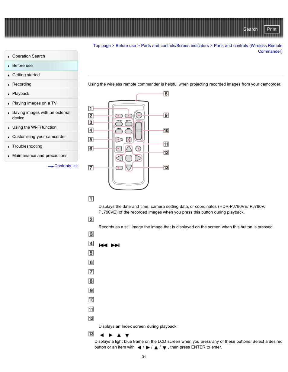 Parts and controls (wireless remote commander), Handycam" user guide | Sony HDR-PJ790V User Manual | Page 40 / 287