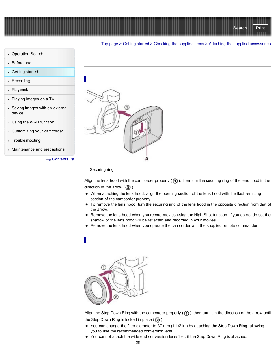 Attaching the supplied accessories, To attach the lens hood, To attach the step down ring | Handycam" user guide | Sony HDR-PJ790V User Manual | Page 47 / 287