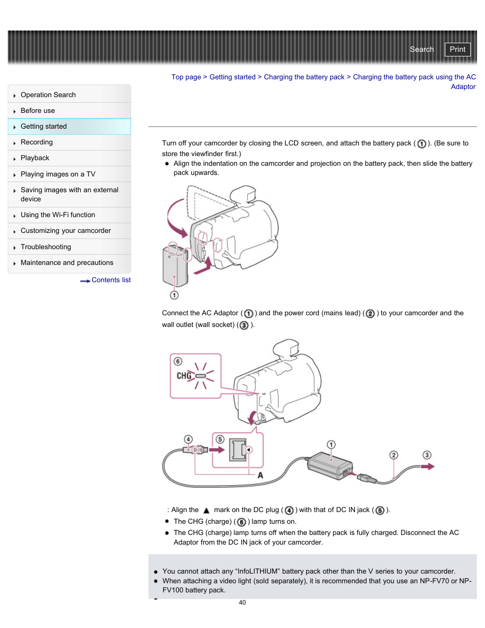 Charging the battery pack using the ac adaptor, Handycam" user guide | Sony HDR-PJ790V User Manual | Page 49 / 287