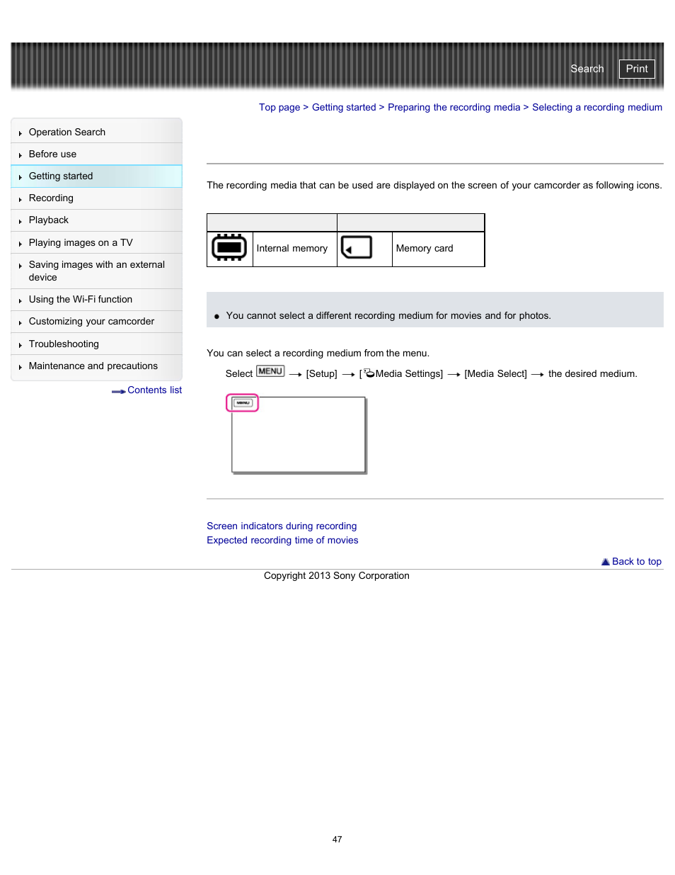 Selecting a recording medium, Handycam" user guide | Sony HDR-PJ790V User Manual | Page 56 / 287