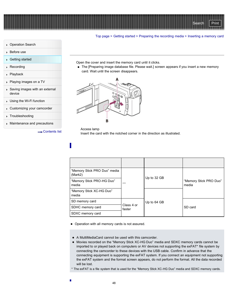 Inserting a memory card, Handycam" user guide | Sony HDR-PJ790V User Manual | Page 57 / 287