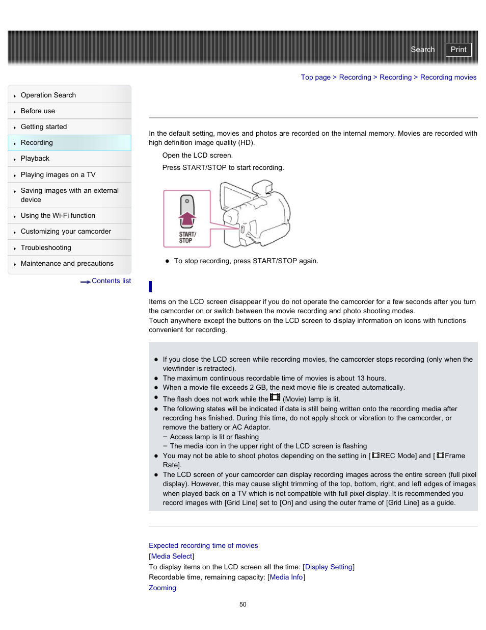 Recording movies, To display items on the lcd screen, Handycam" user guide | Sony HDR-PJ790V User Manual | Page 59 / 287