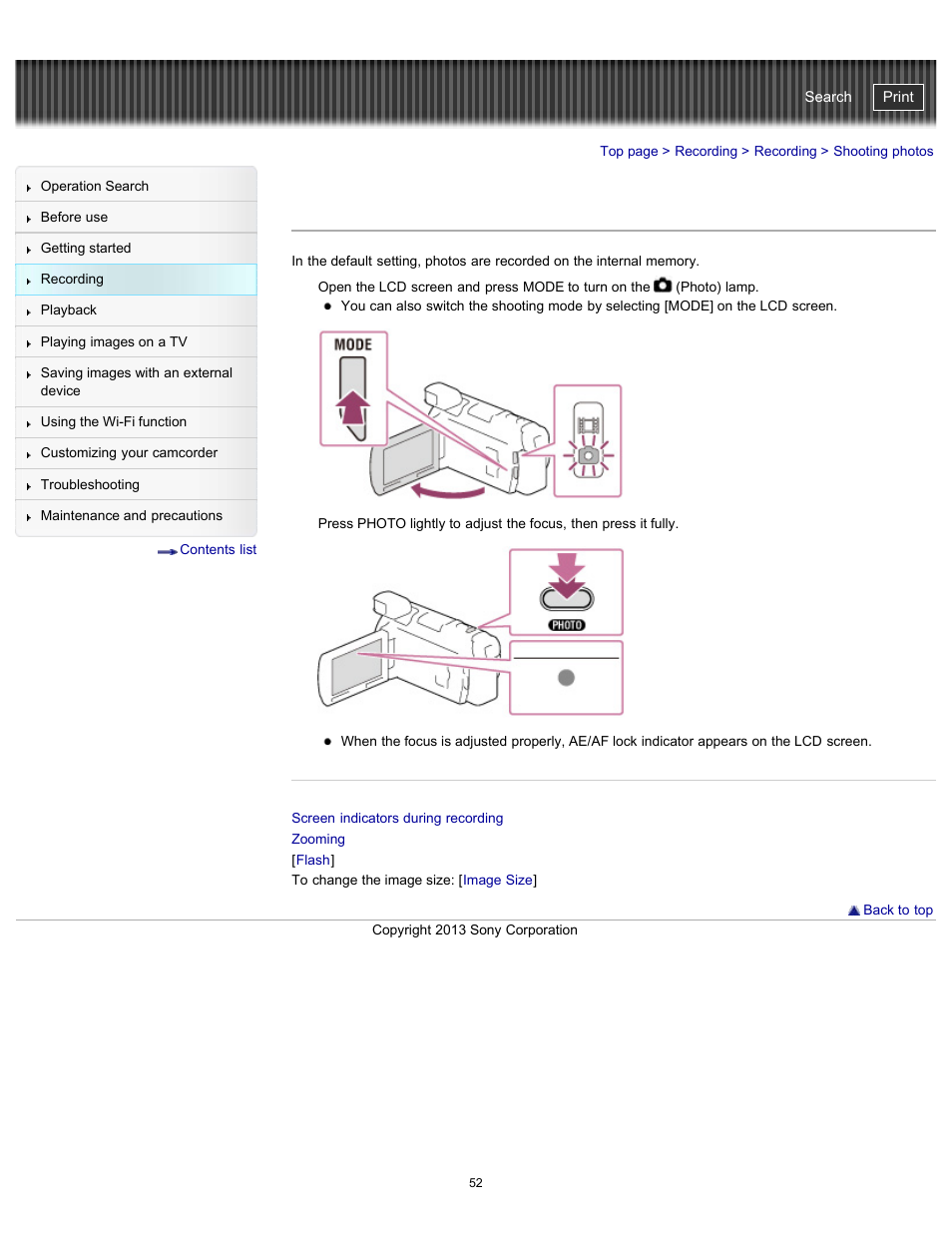 Shooting photos, Handycam" user guide | Sony HDR-PJ790V User Manual | Page 61 / 287