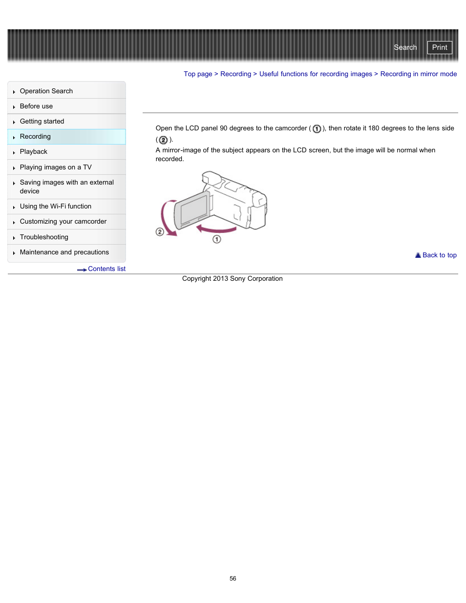 Recording in mirror mode, Handycam" user guide | Sony HDR-PJ790V User Manual | Page 65 / 287