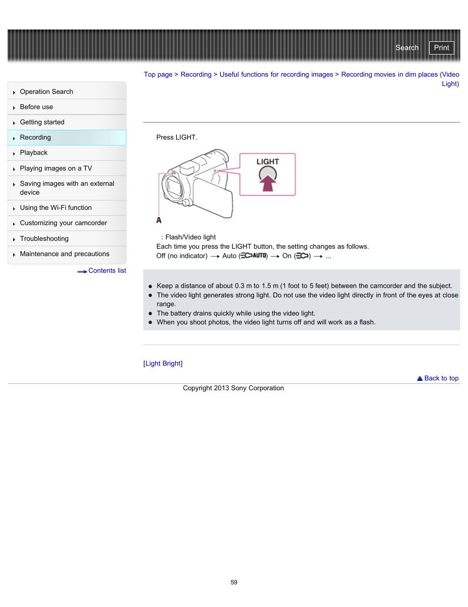 Recording movies in dim places, Recording movies in dim places (video light), Handycam" user guide | Sony HDR-PJ790V User Manual | Page 68 / 287