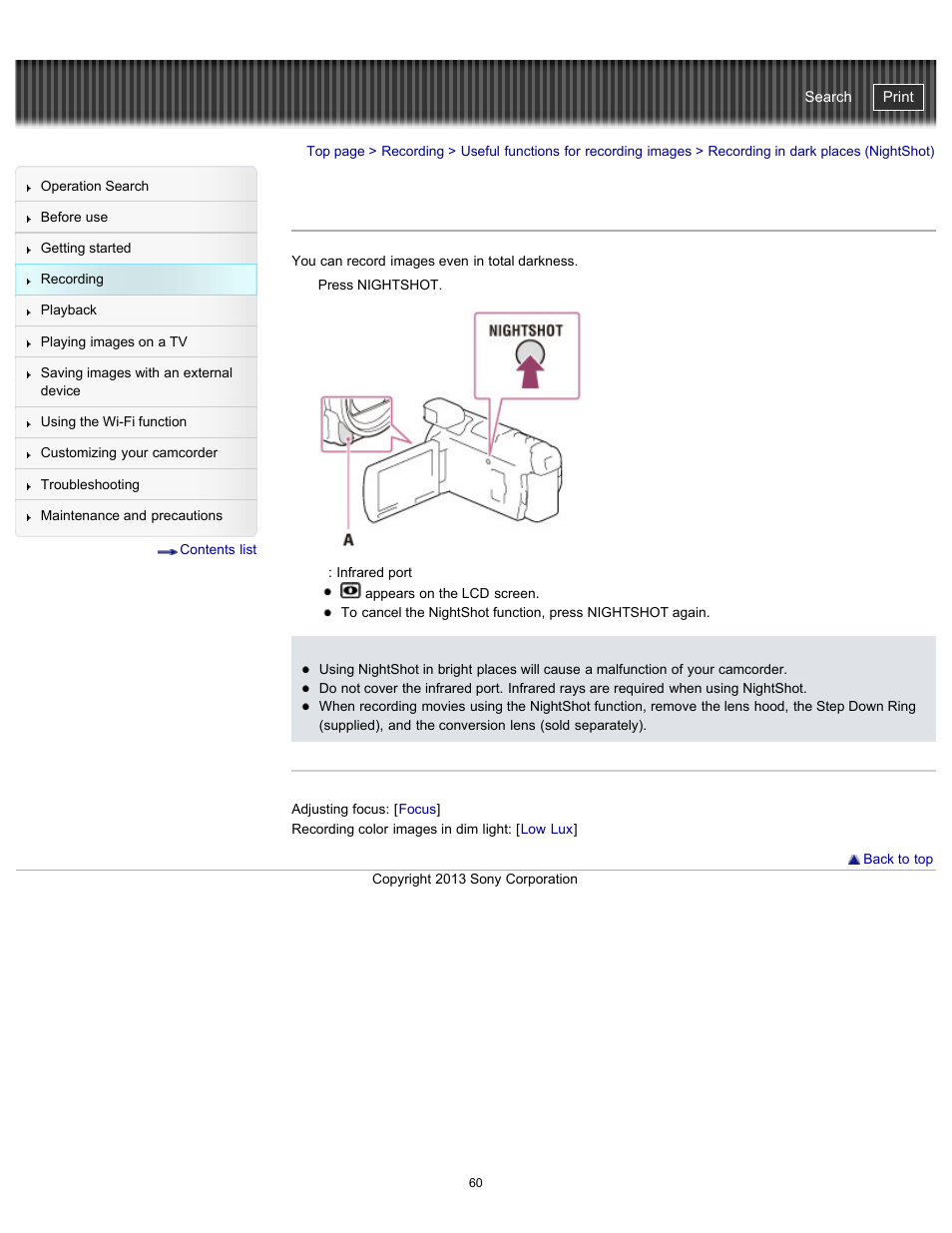 Recording in dark places, Recording in dark places (nightshot), Handycam" user guide | Sony HDR-PJ790V User Manual | Page 69 / 287