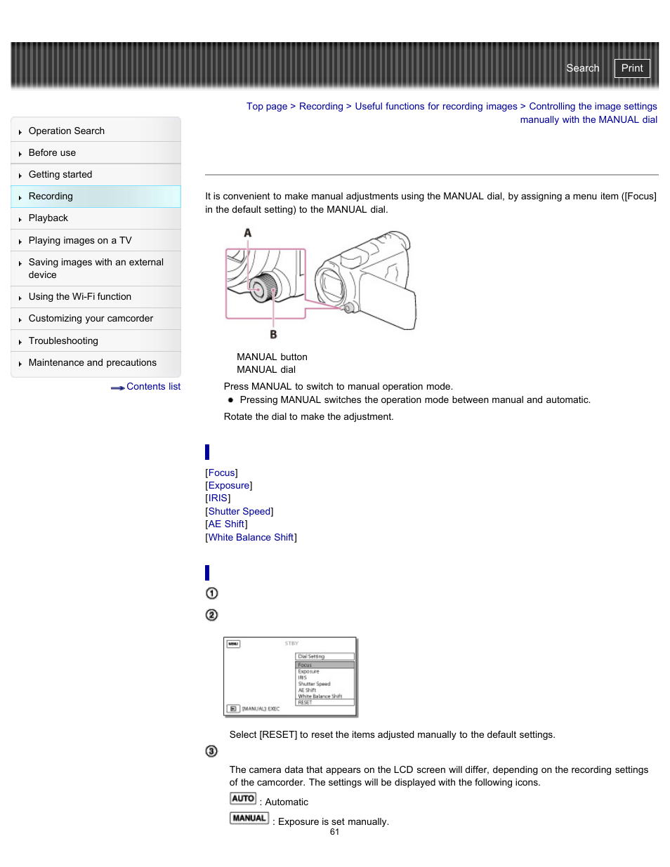 Items you can control with the manual dial, To assign the menu item to the manual dial, Handycam" user guide | Sony HDR-PJ790V User Manual | Page 70 / 287