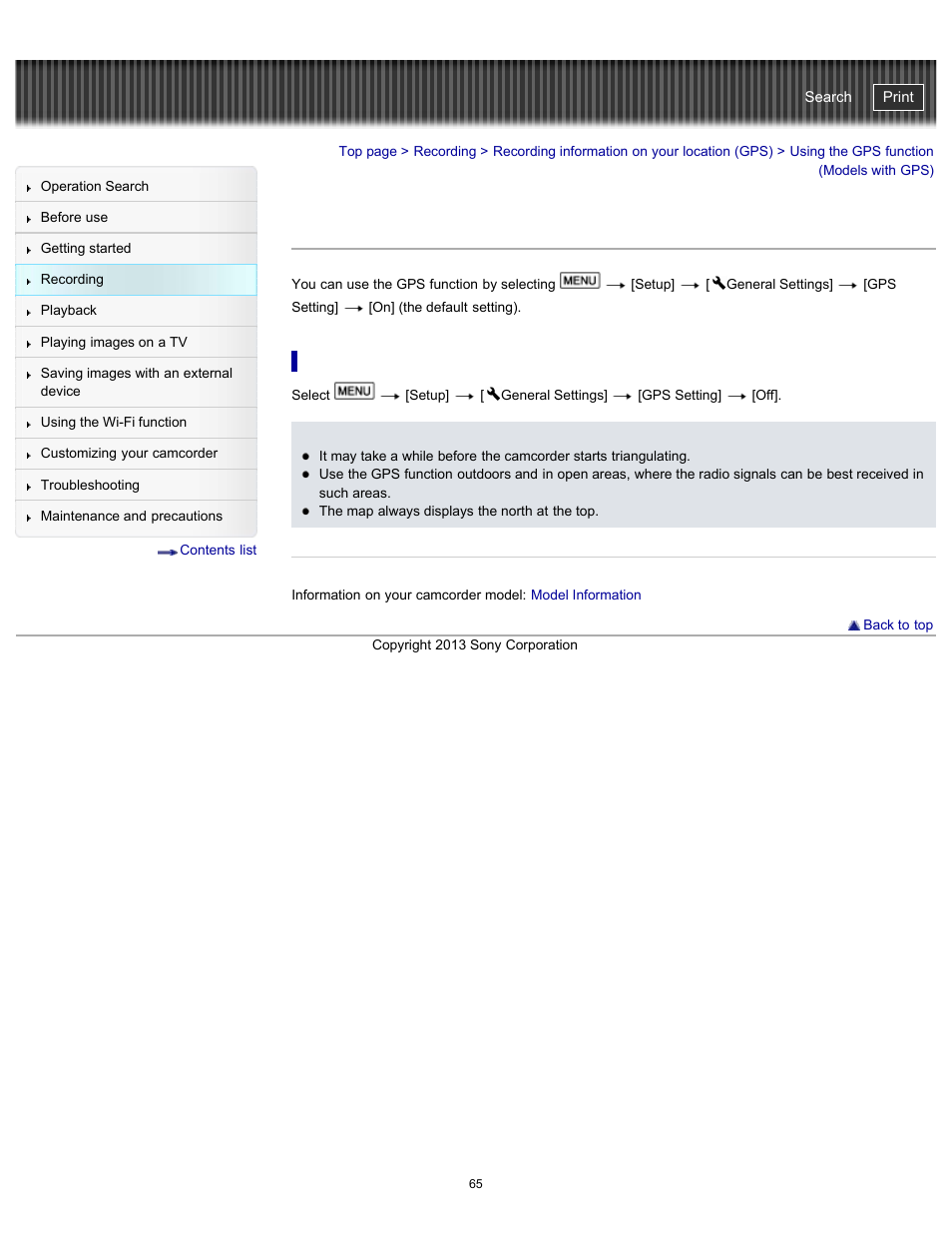 Using the gps function, If you do not want to record location information, Using the gps function (models with gps) | Handycam" user guide | Sony HDR-PJ790V User Manual | Page 74 / 287