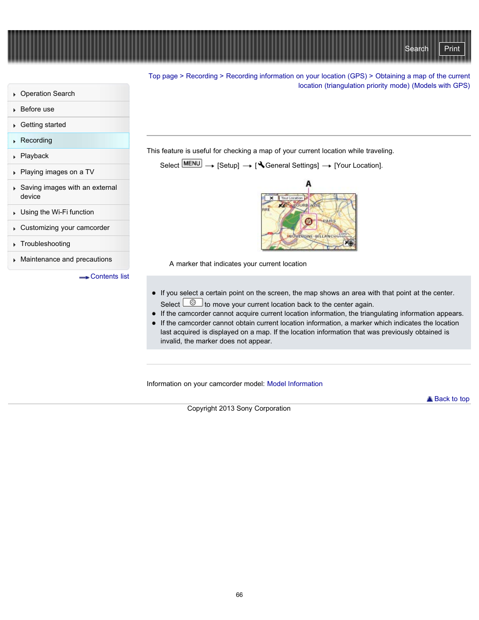 Obtaining a map of the current location, Handycam" user guide | Sony HDR-PJ790V User Manual | Page 75 / 287