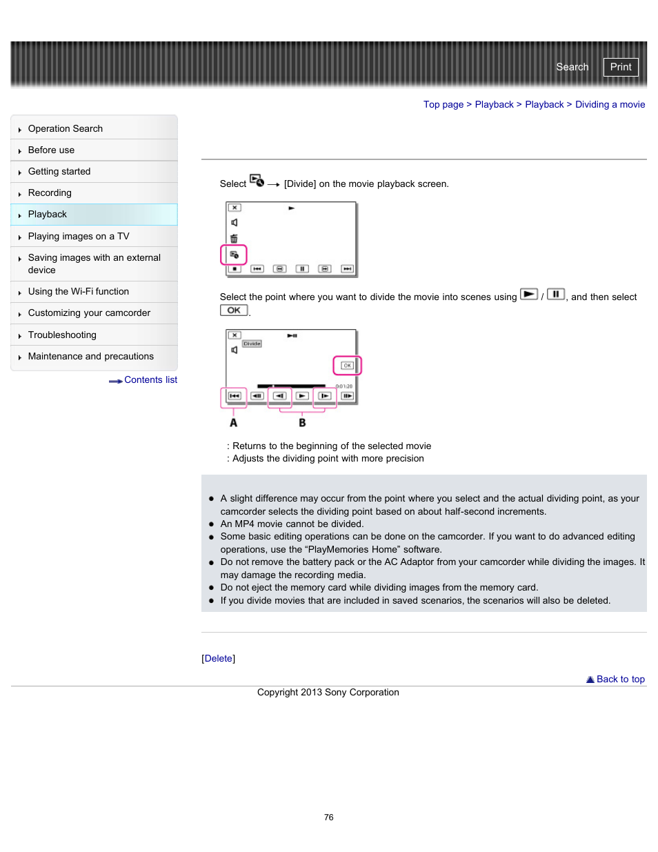 Dividing a movie, Handycam" user guide | Sony HDR-PJ790V User Manual | Page 85 / 287